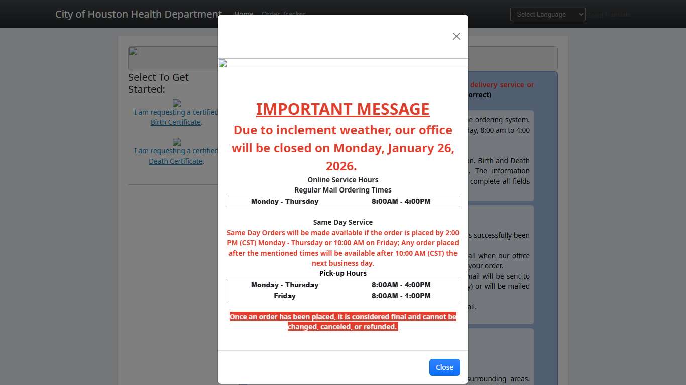 City of Houston Health Department Online Birth Certificate Requests